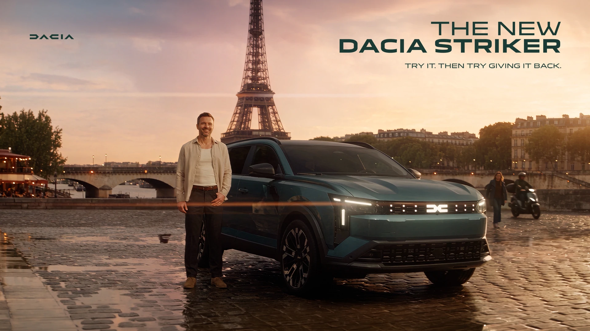 Dacia Striker AI spec commercial thumbnail with a car in Paris near the Eiffel Tower